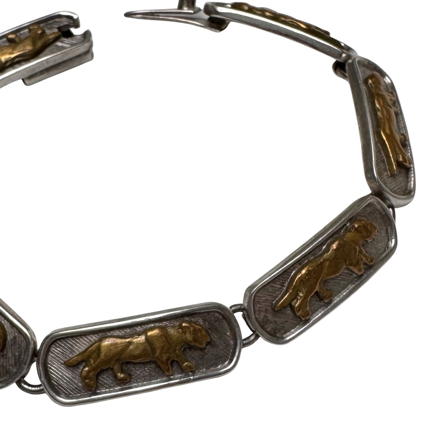 V I N T A G E // big cat links / designer inspired sterling silver and brass panther link bracelet / ~7.75", 35.1g