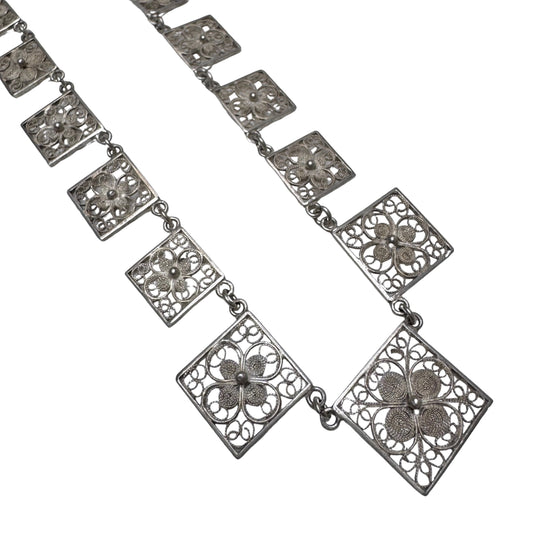 V I N T A G E // floral panels / eastern European 835 silver square floral filigree panel necklace / 17", 18g