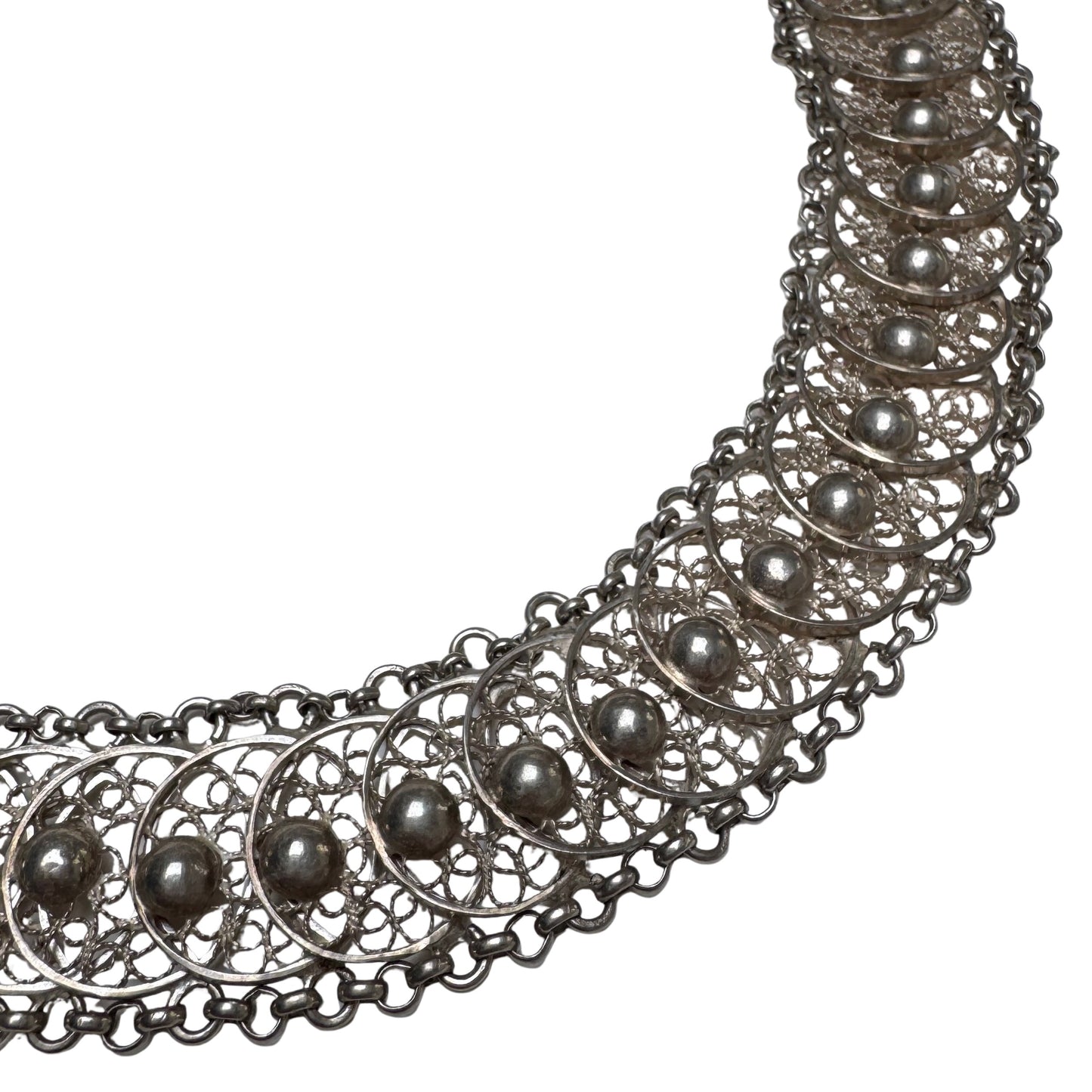 V I N T A G E // many many moons / eastern European 835 silver crescent moon filigree link flat chain necklace / 16.75", 54g