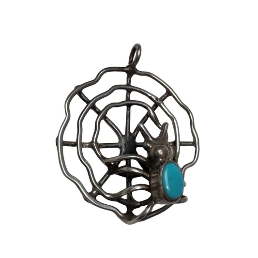 V I N T A G E // web weaver / sterling silver turquoise back spider on her web / a pendant