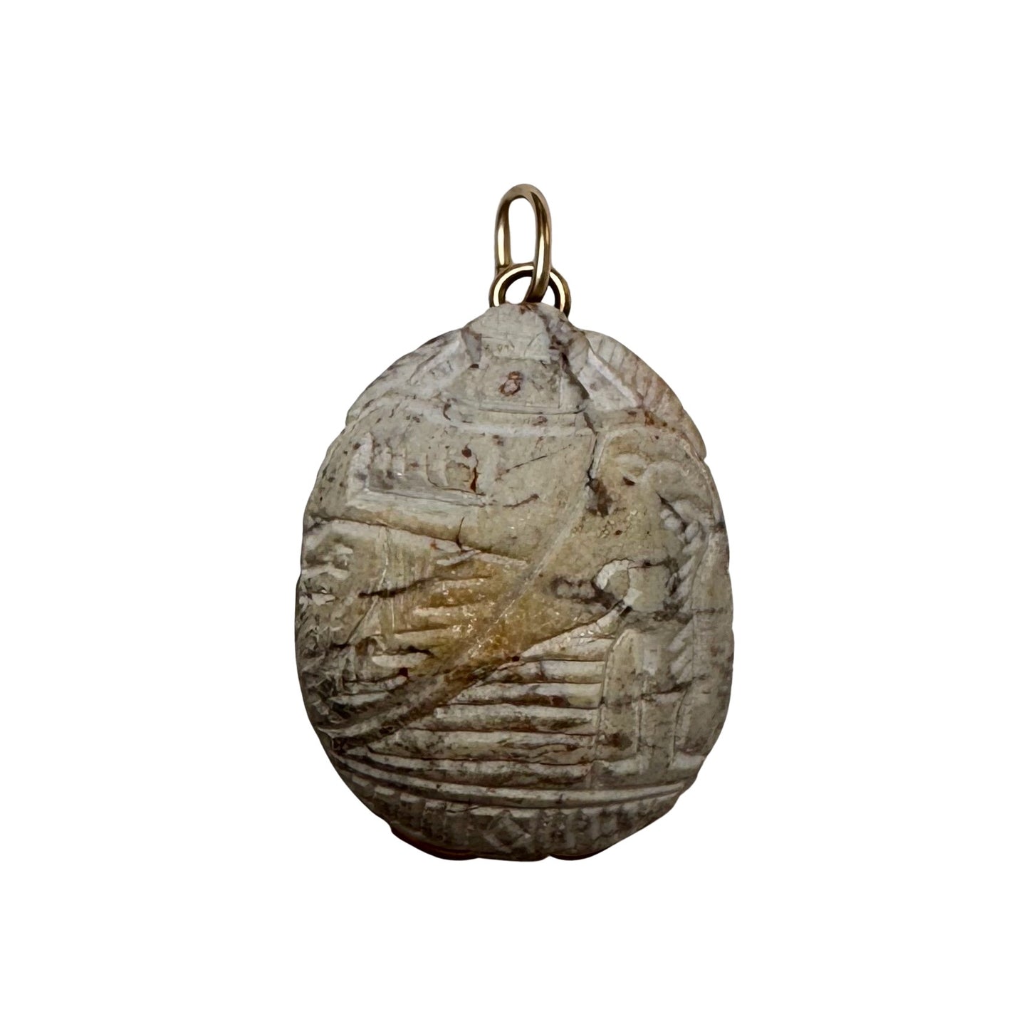 V I N T A G E // dynamic beetle / 14k and carved faience or stone scarab with maybe Horus carving / a pendant