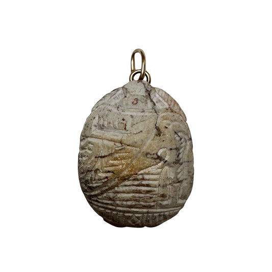 V I N T A G E // dynamic beetle / 14k and carved faience or stone scarab with maybe Horus carving / a pendant