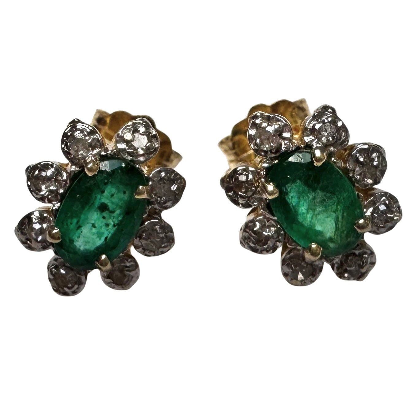 V I N T A G E // stretched daisy / 14k and emerald daisy clusters with accent diamonds / post earrings