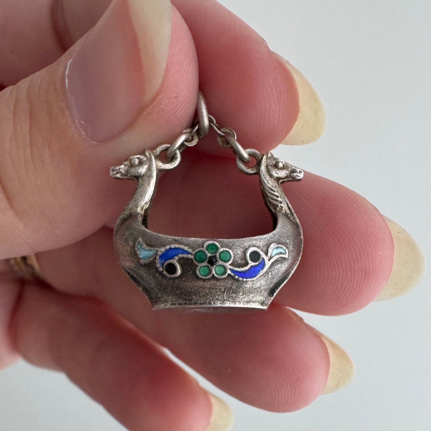 V I N T A G E // like the vikings / sterling silver and enamel adorned viking sea vessel / a pendant
