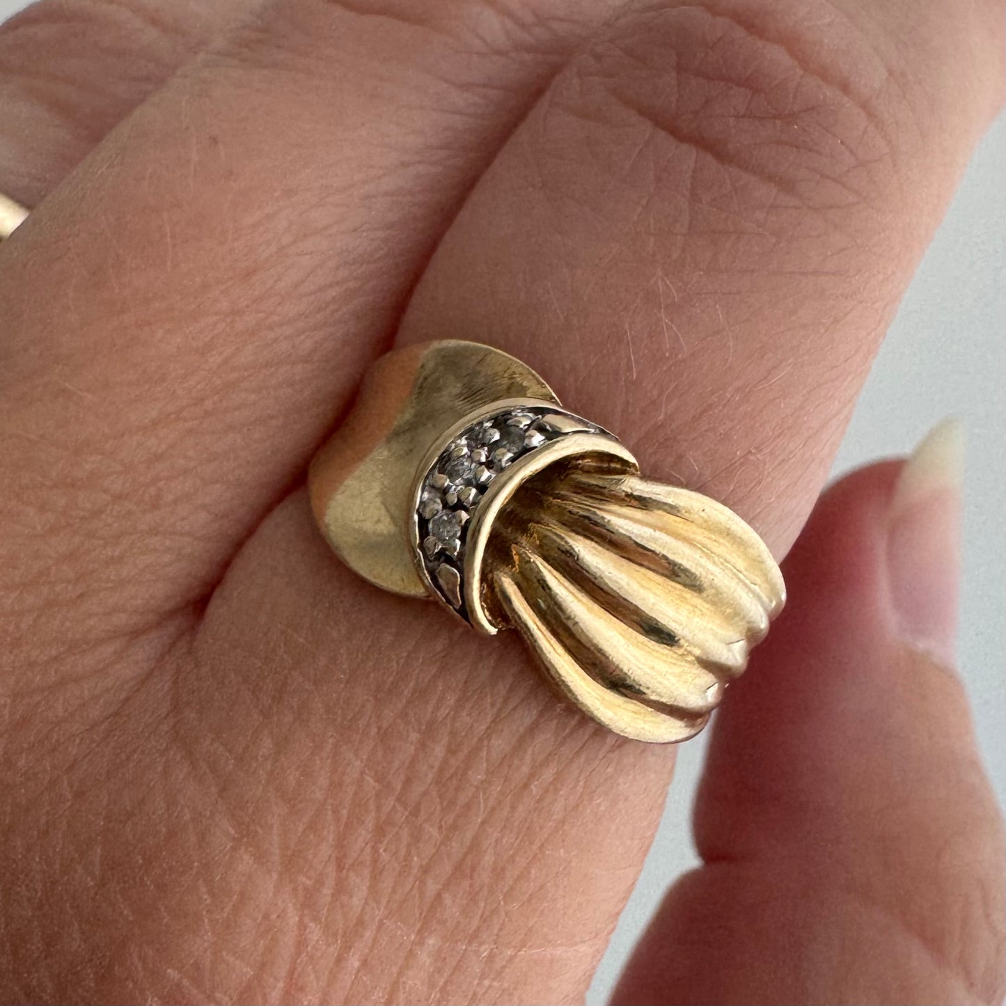 V I N T A G E // held by the moon / 10k and diamond crescent moon ring / size 6.25