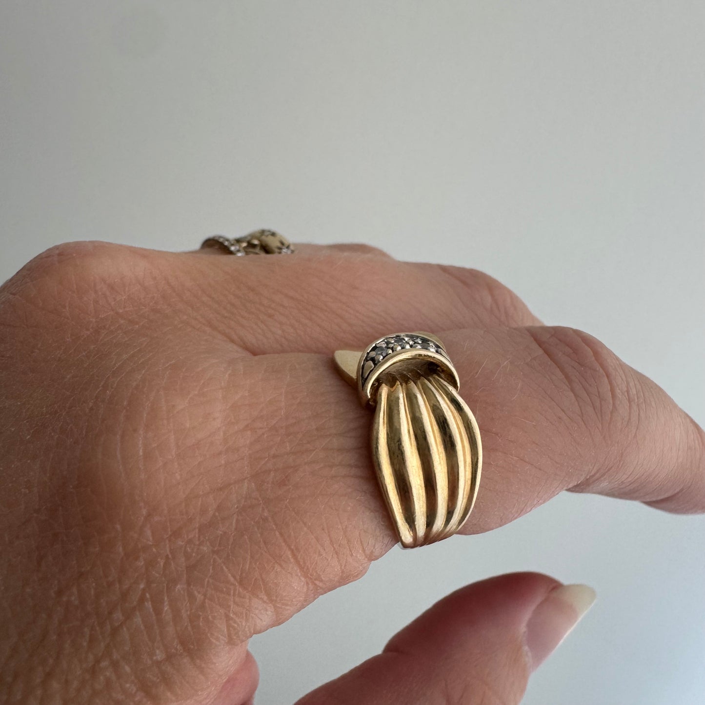 V I N T A G E // held by the moon / 10k and diamond crescent moon ring / size 6.25