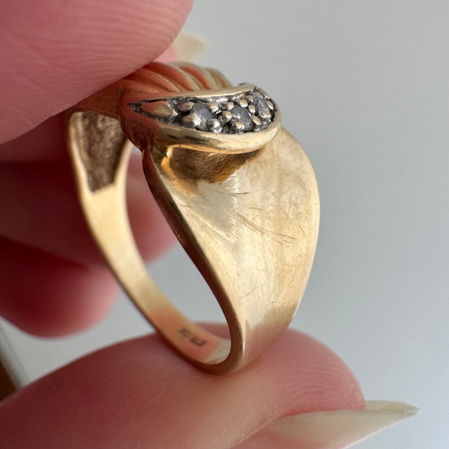 V I N T A G E // held by the moon / 10k and diamond crescent moon ring / size 6.25