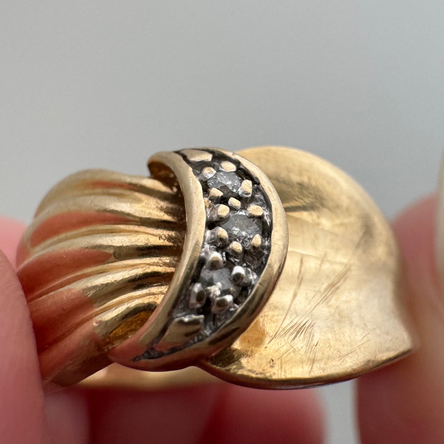 V I N T A G E // held by the moon / 10k and diamond crescent moon ring / size 6.25