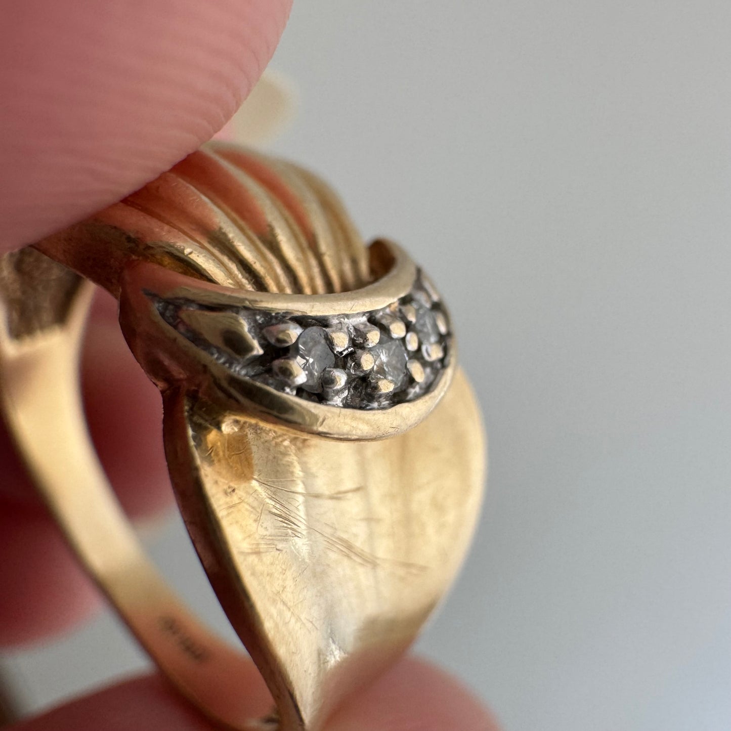 V I N T A G E // held by the moon / 10k and diamond crescent moon ring / size 6.25