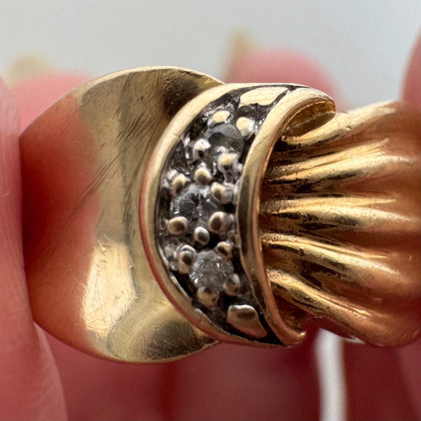 V I N T A G E // held by the moon / 10k and diamond crescent moon ring / size 6.25