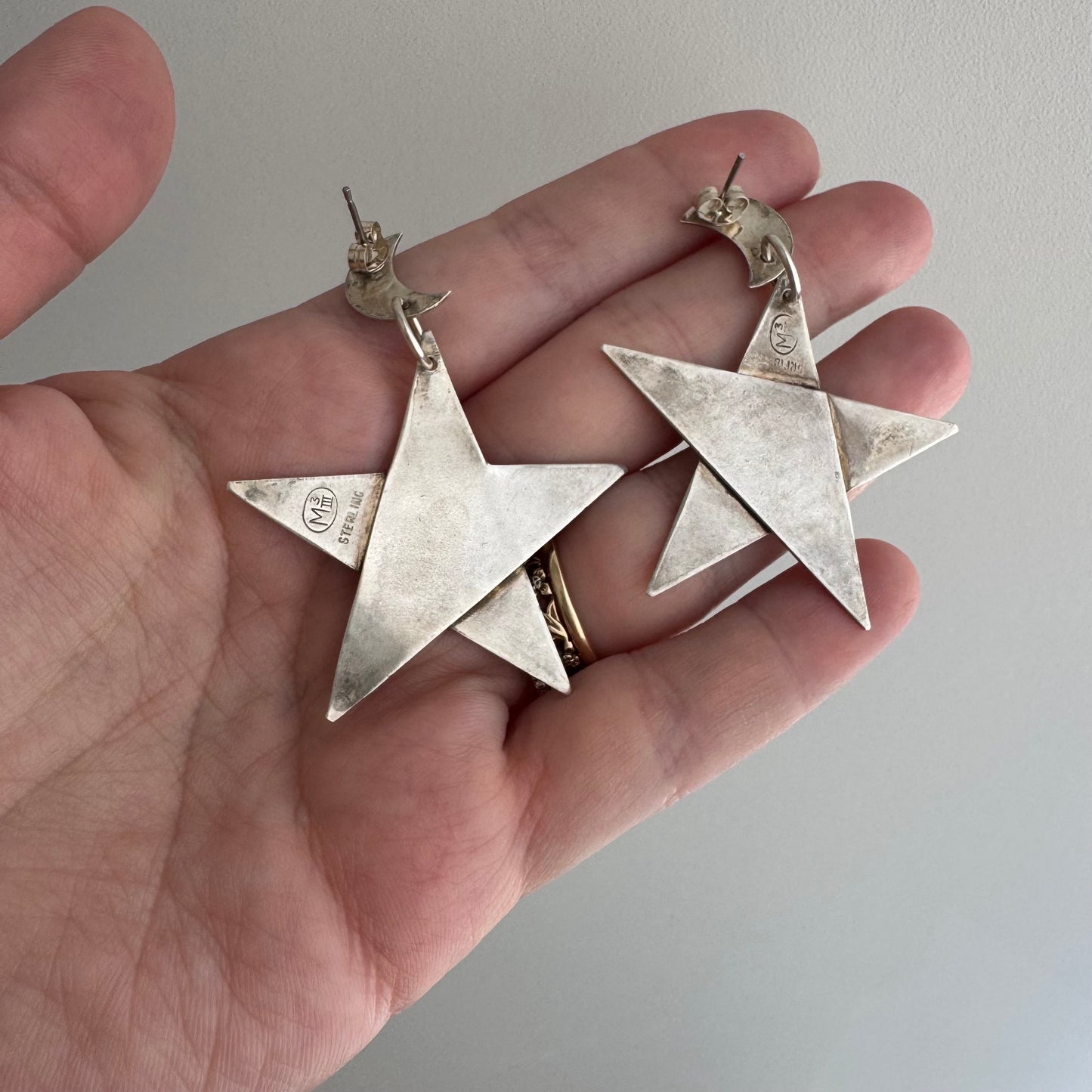 V I N T A G E // Memphis era stars / 1980s sterling silver moon and stars / dangle post earrings