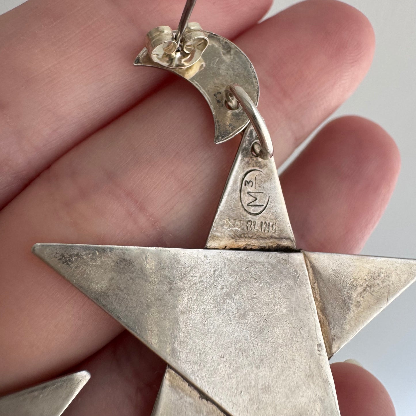 V I N T A G E // Memphis era stars / 1980s sterling silver moon and stars / dangle post earrings