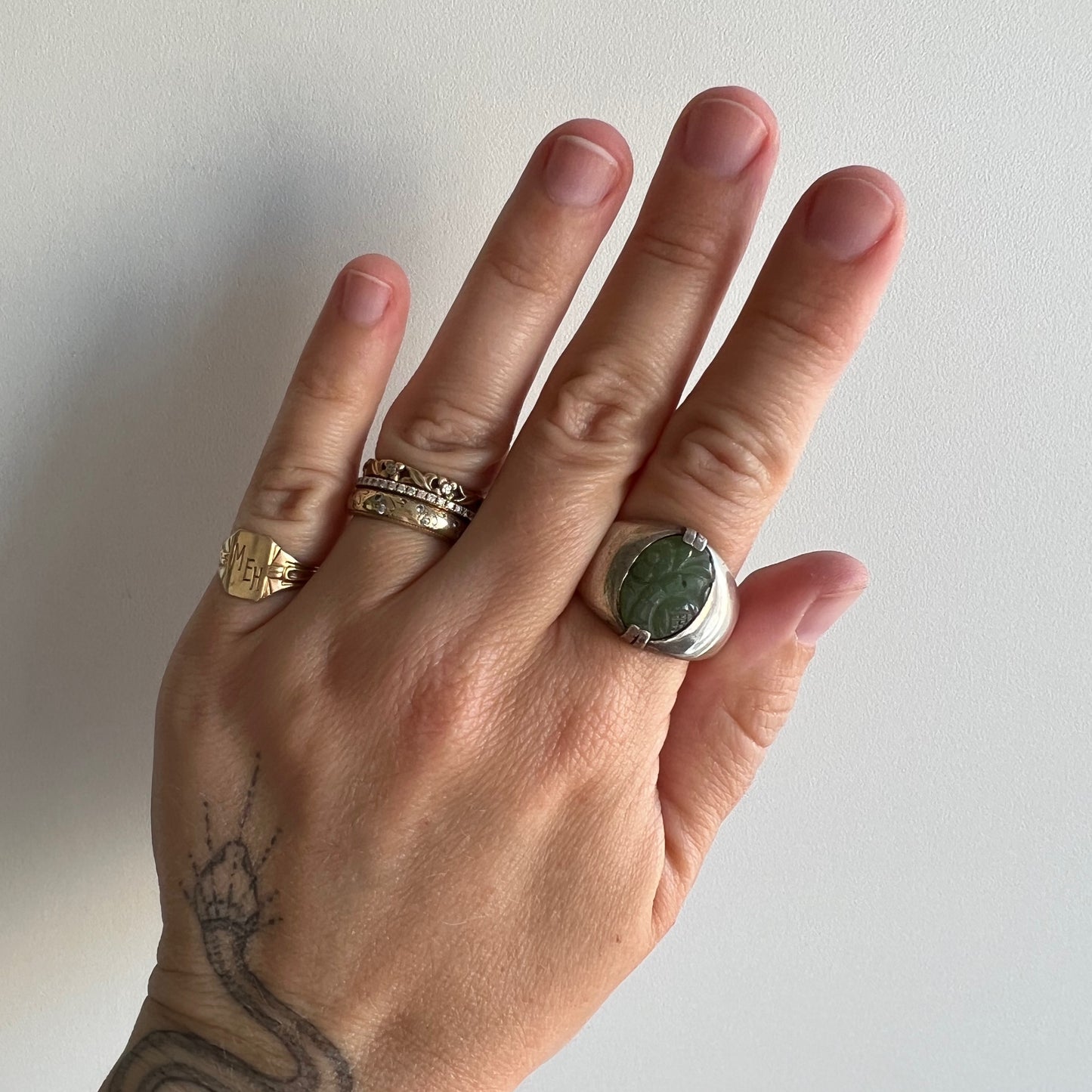 V I N T A G E // they were sweet and bold / sterling silver and carved jade signet ring / size 11.25