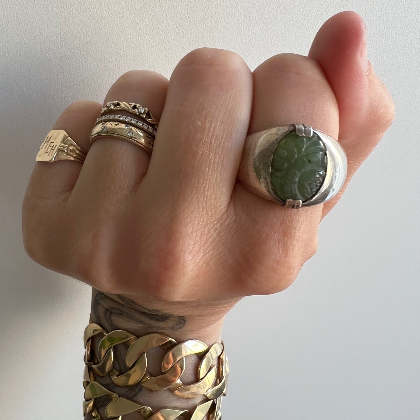 V I N T A G E // they were sweet and bold / sterling silver and carved jade signet ring / size 11.25