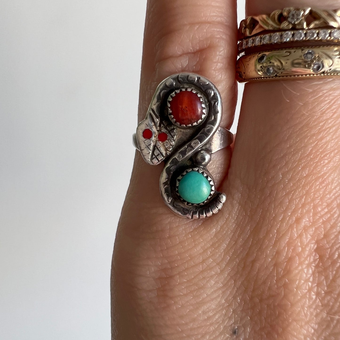 V I N T A G E // only rattler I want to touch / sterling silver Ray Nieto rattle snake ring / turquoise and coral / size 2.75