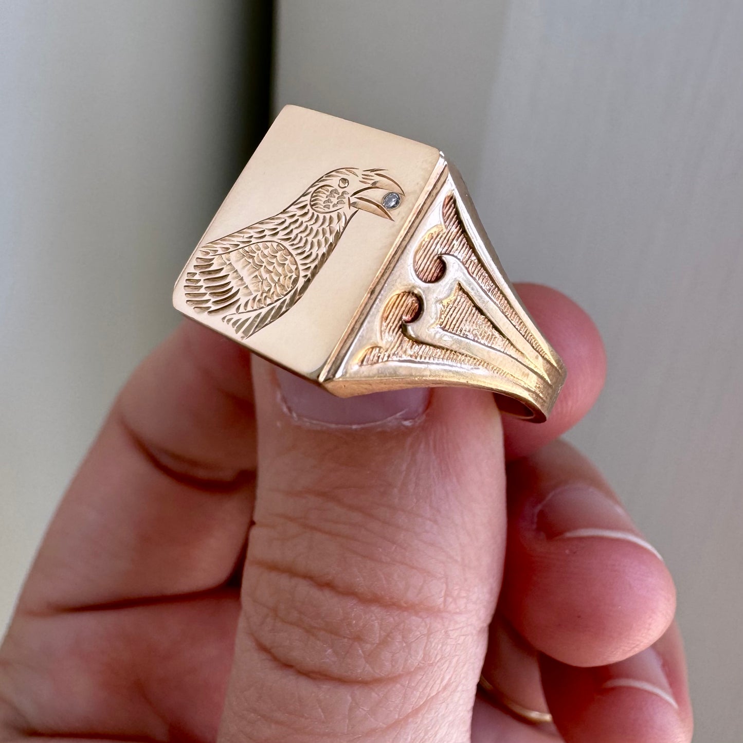 reimagined A N T I Q U E // treasure seeker / 10k rosy gold signet with new crow engraving / size 12