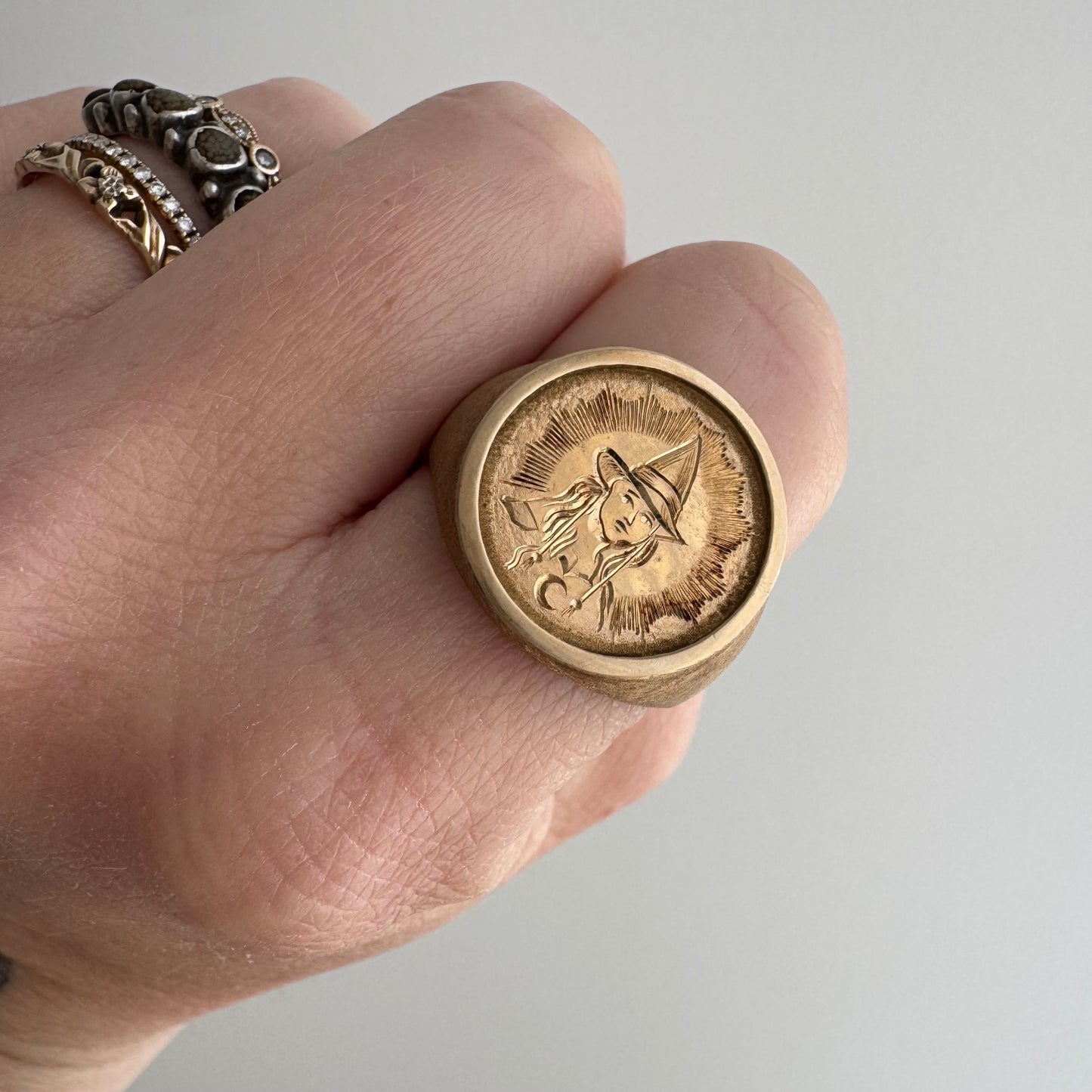 reimagined V I N T A G E // most benevolent witch / 10k yellow gold and engraved witch signet / size 10