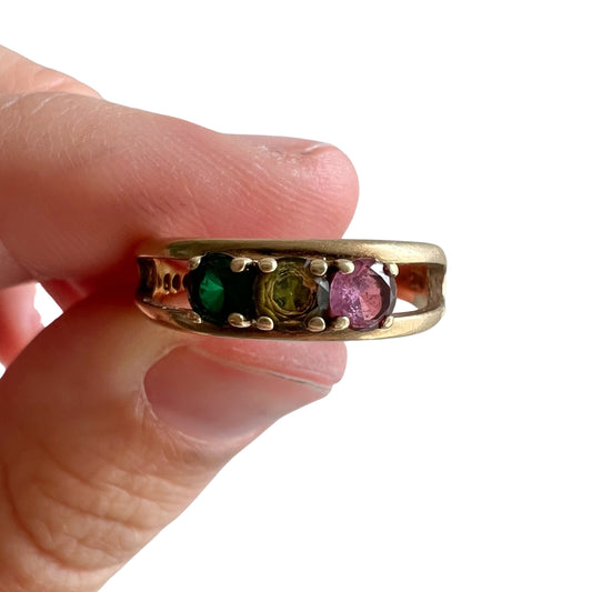 V I N T A G E // color play / 10k trilogy ring with tourmaline and topaz / size 6.5