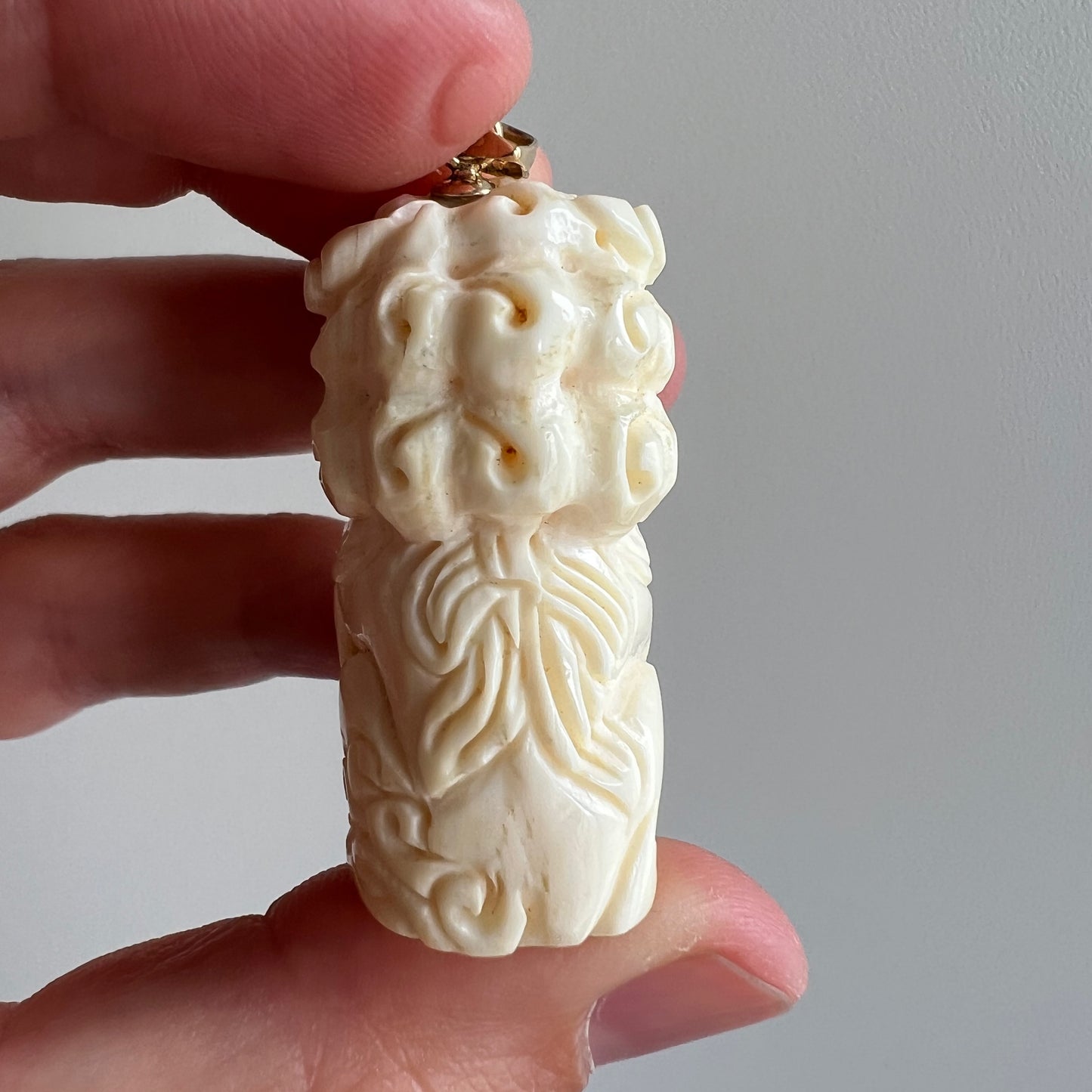 V I N T A G E // lion dragon / 14k and carved bone foo dog / a huge pendant