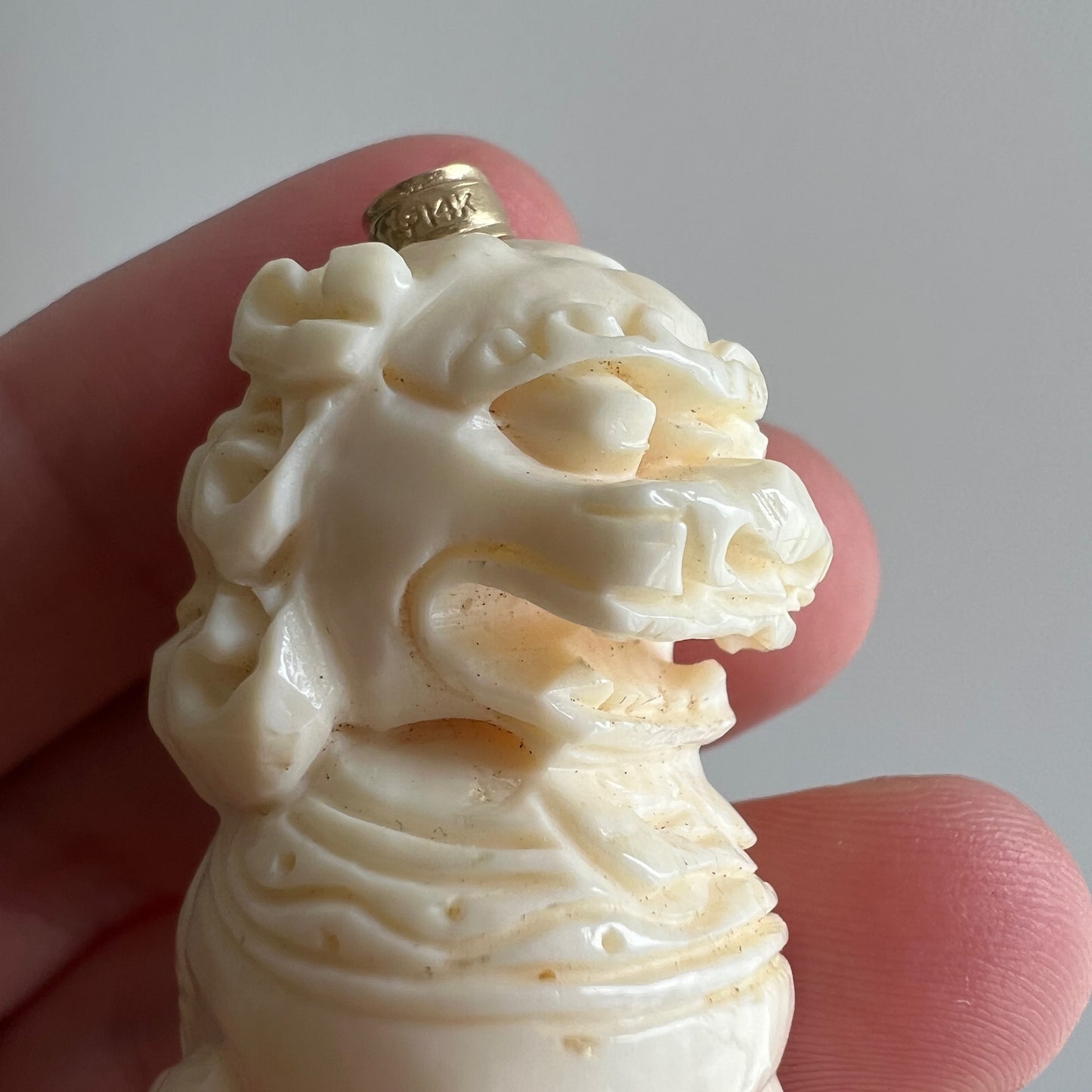 V I N T A G E // lion dragon / 14k and carved bone foo dog / a huge pendant