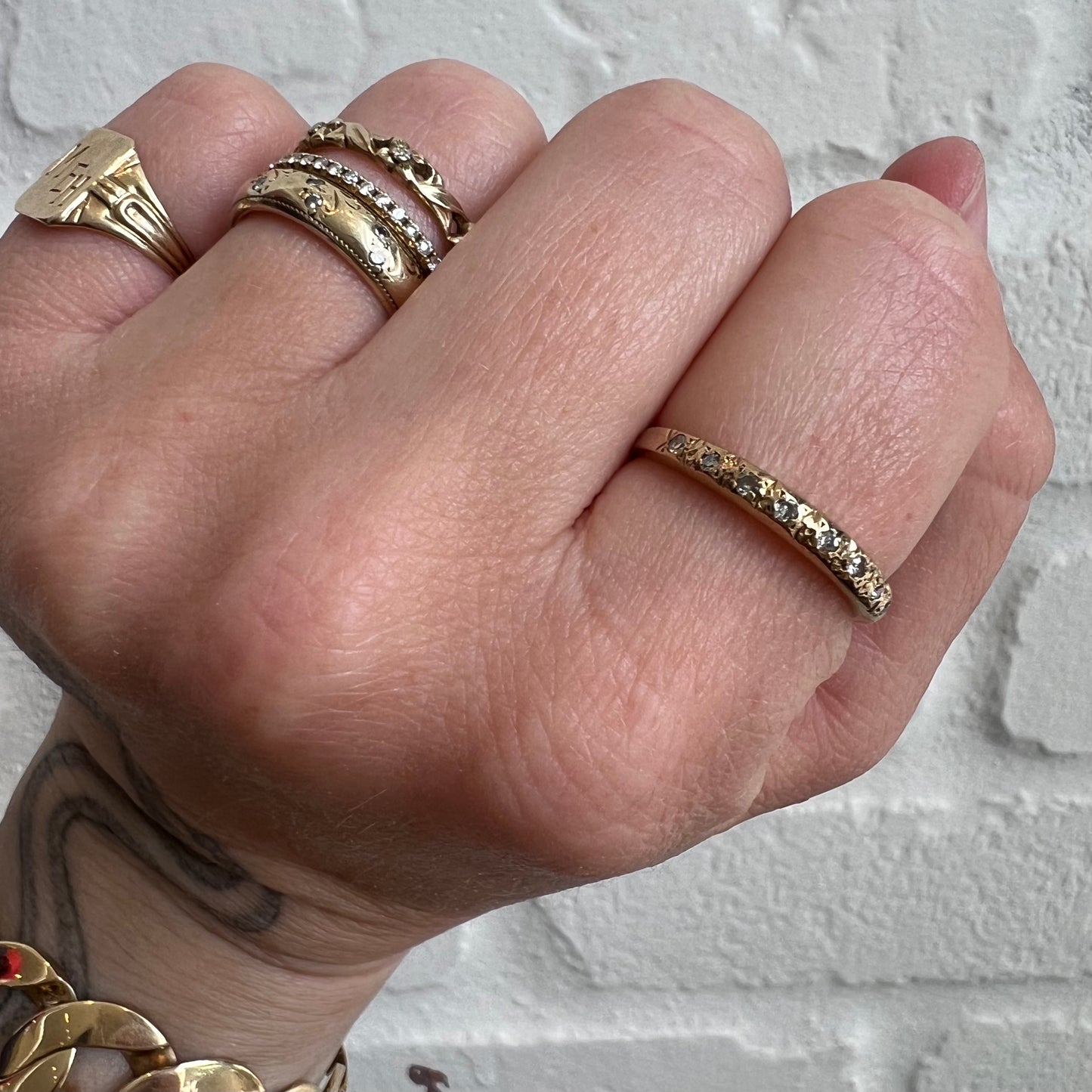 V I N T A G E // sparkle spray / solid 9k yellow gold diamond half eternity band / size 6.75