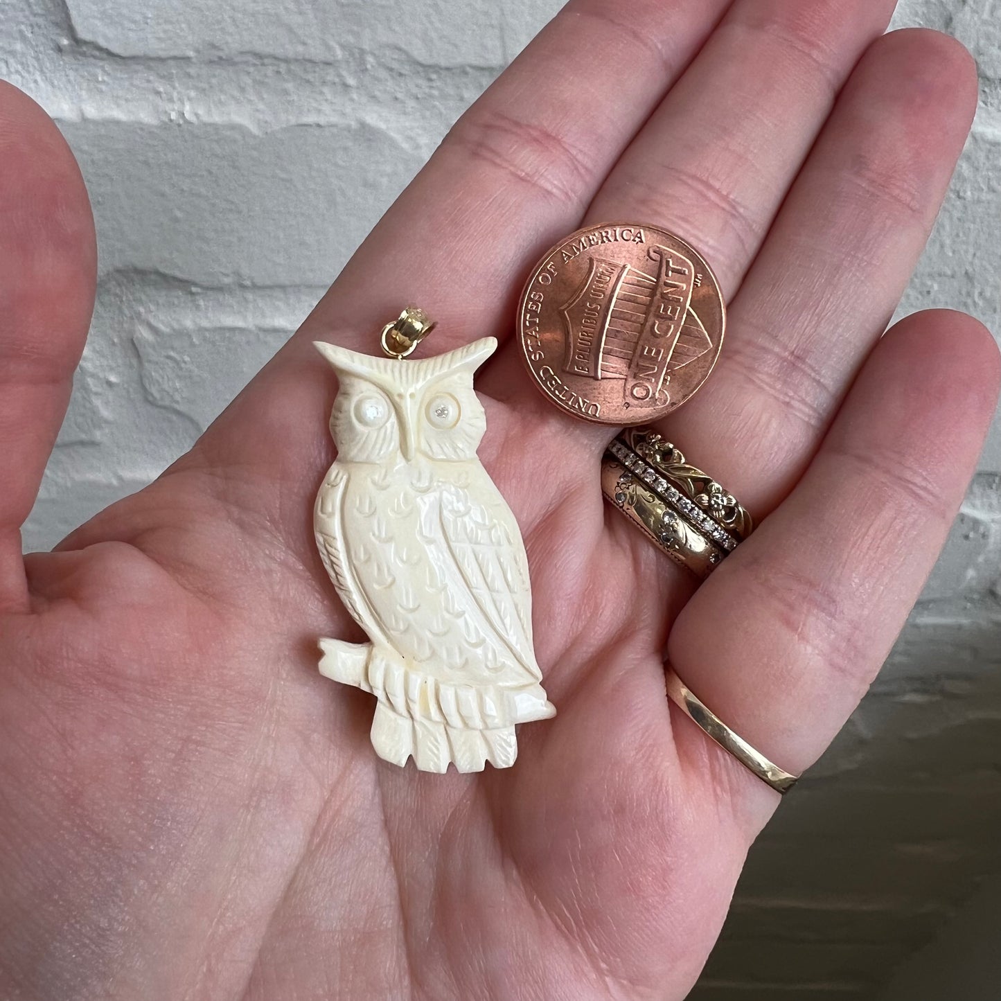 V I N T A G E // parliament member / carved bone owl with diamond eyes and a 14k bail / a pendant