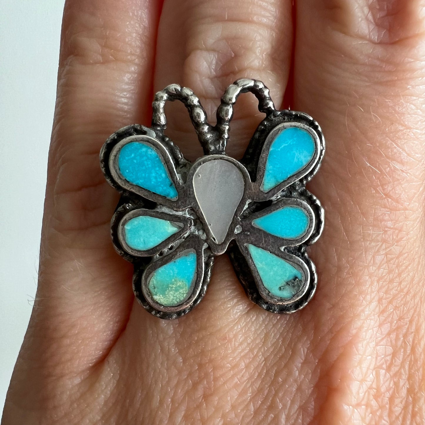 V I N T A G E // favorite pollinator / sterling silver butterfly ring with inlay turquoise and mother of pearl / size 4