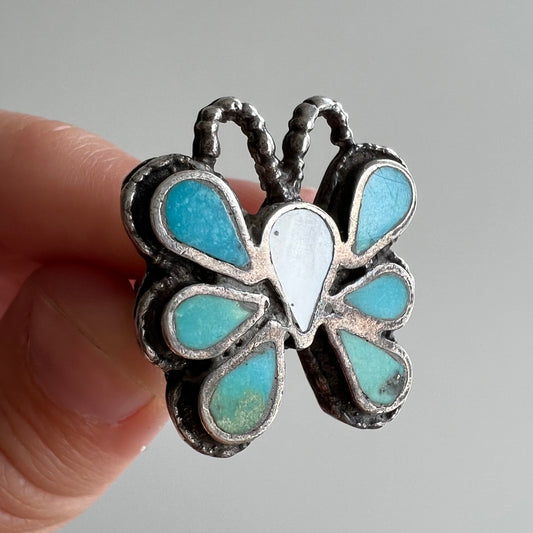 V I N T A G E // favorite pollinator / sterling silver butterfly ring with inlay turquoise and mother of pearl / size 4