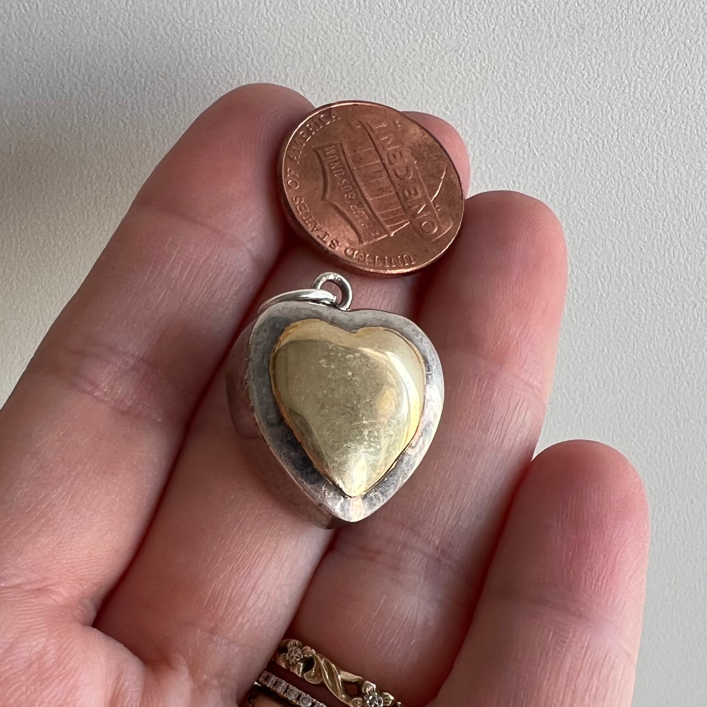 V I N T A G E // gold and silver love / sterling silver puffy heart pendant