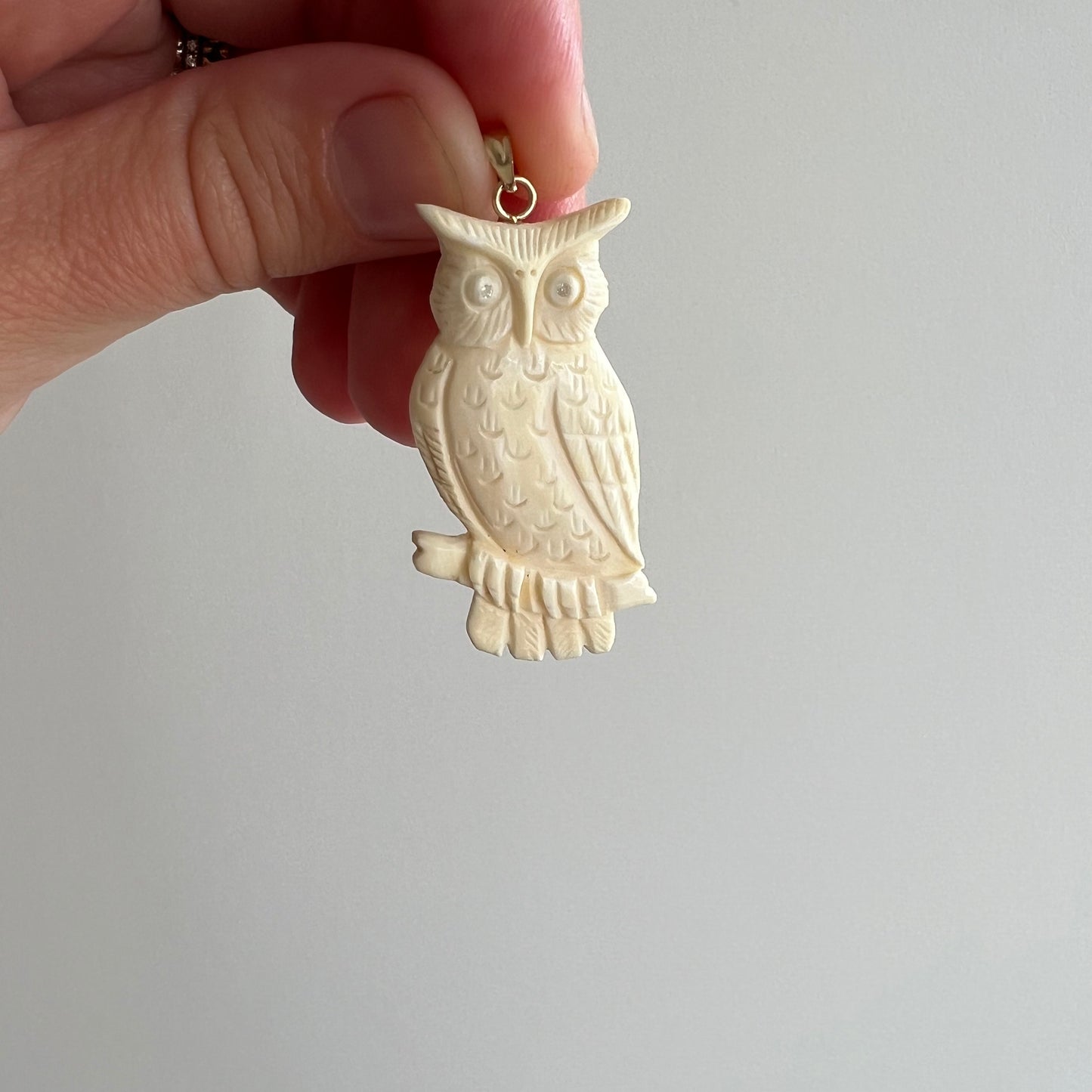 V I N T A G E // parliament member / carved bone owl with diamond eyes and a 14k bail / a pendant