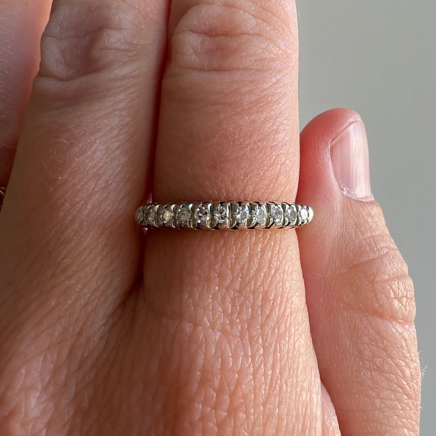 V I N T A G E // sparkle bridge / 14k yellow and white gold diamond architecture / half eternity band / size 7.5 to 7.75