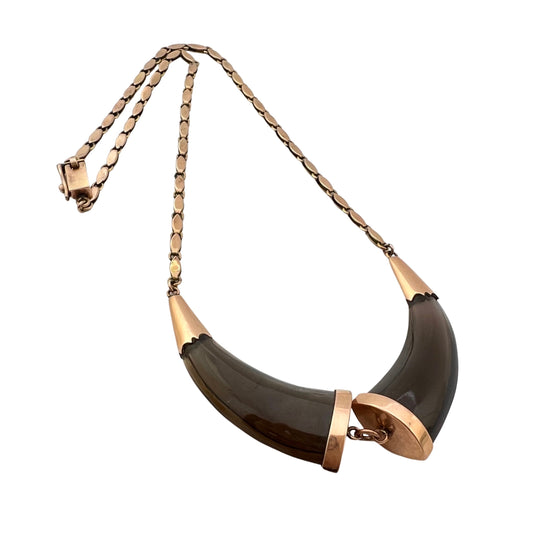 V I N T A G E // mid century ode to the Raj era / 14k rosy gold and smoky quartz horn statement necklace / 16"