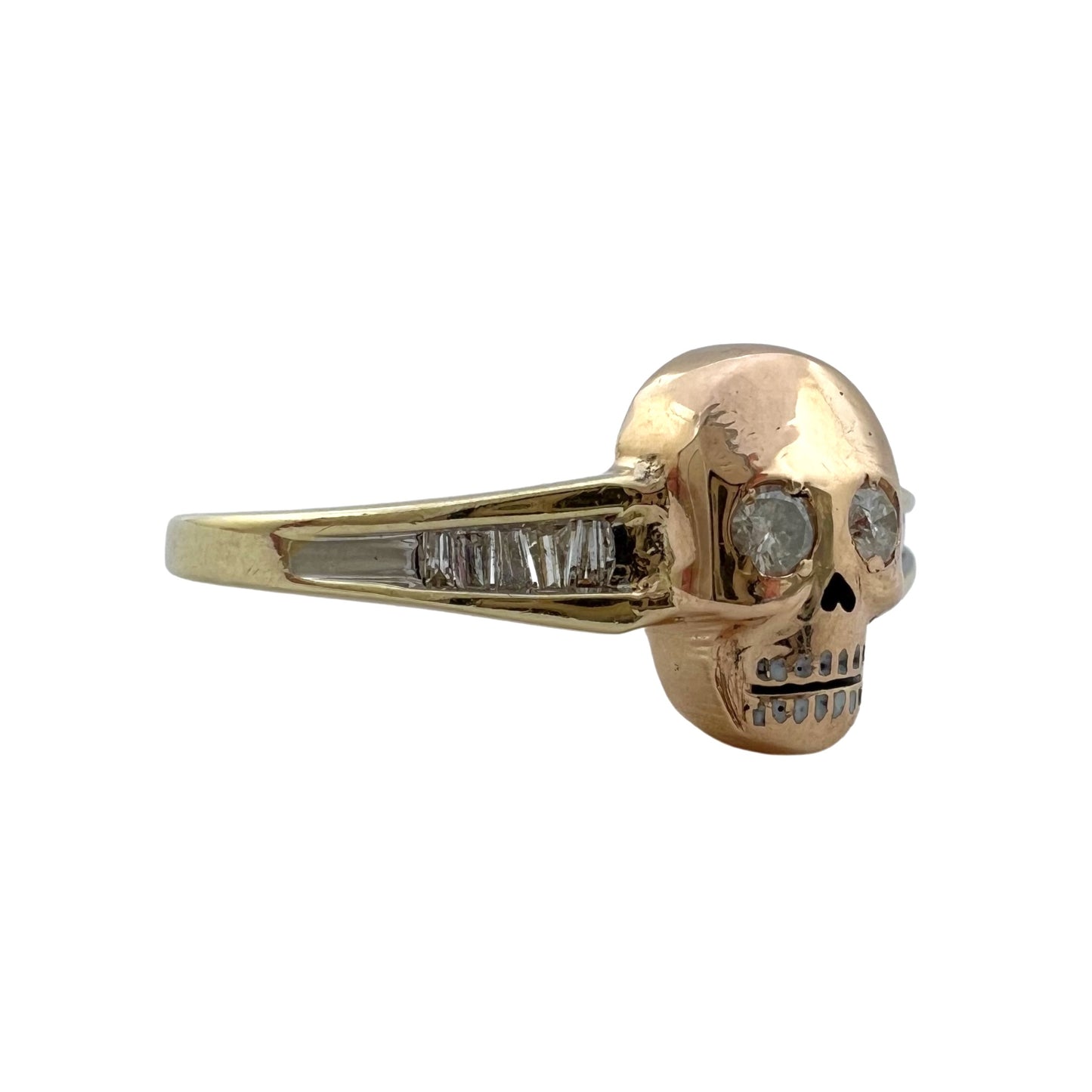 reimagined V I N T A G E // memento mori grin / 10k yellow and rosy gold with diamonds skull ring / size 9.5