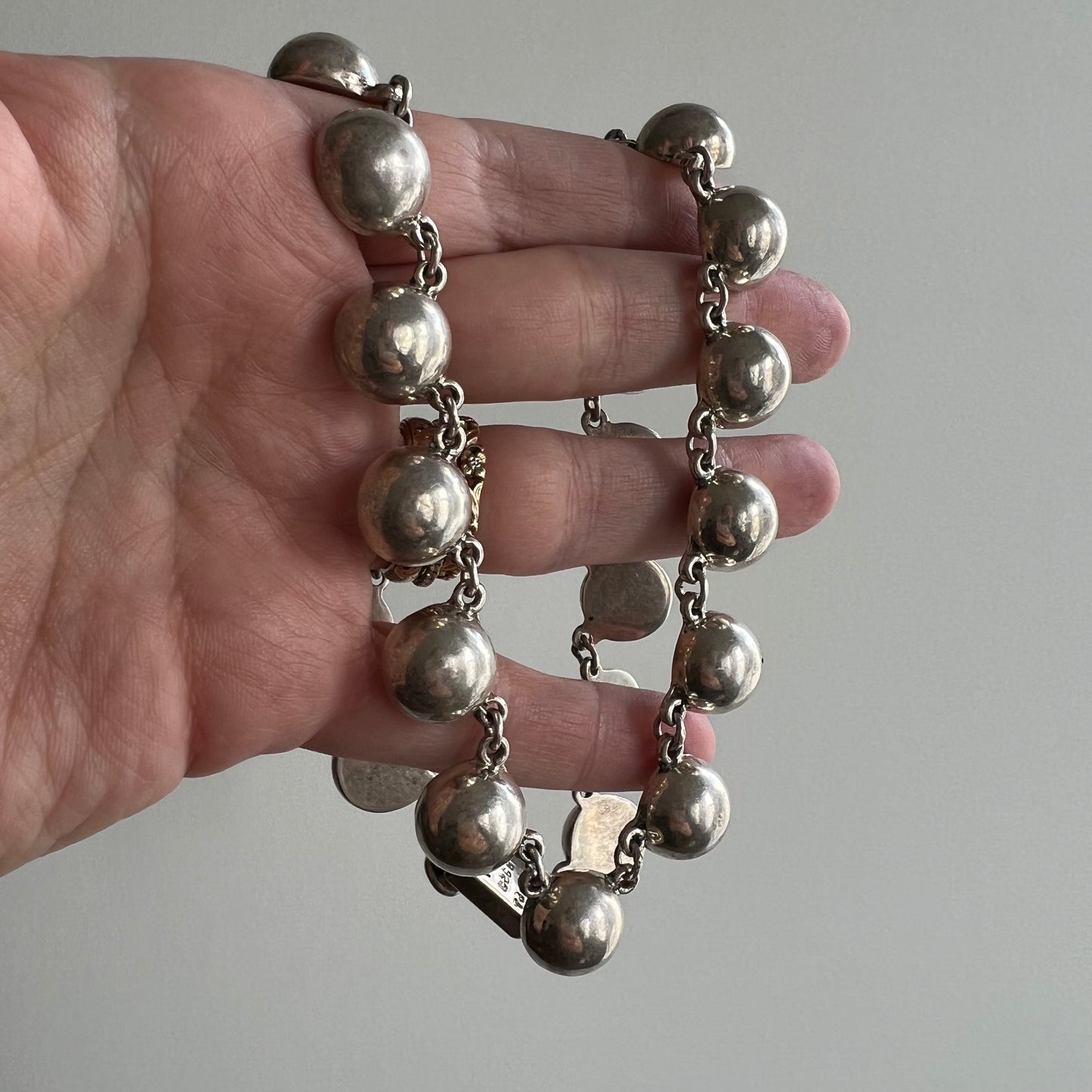 V I N T A G E // punk pearls / mexican sterling silver domed circle link bib necklace / 16.25" long