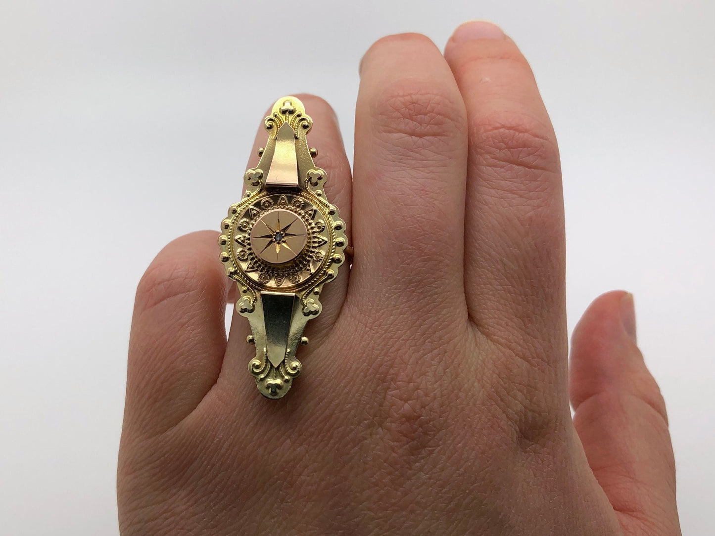 reimagined V I N T A G E / Victorian full finger ring / 9ct navette diamond shape with a rose cut diamond / size 5.5