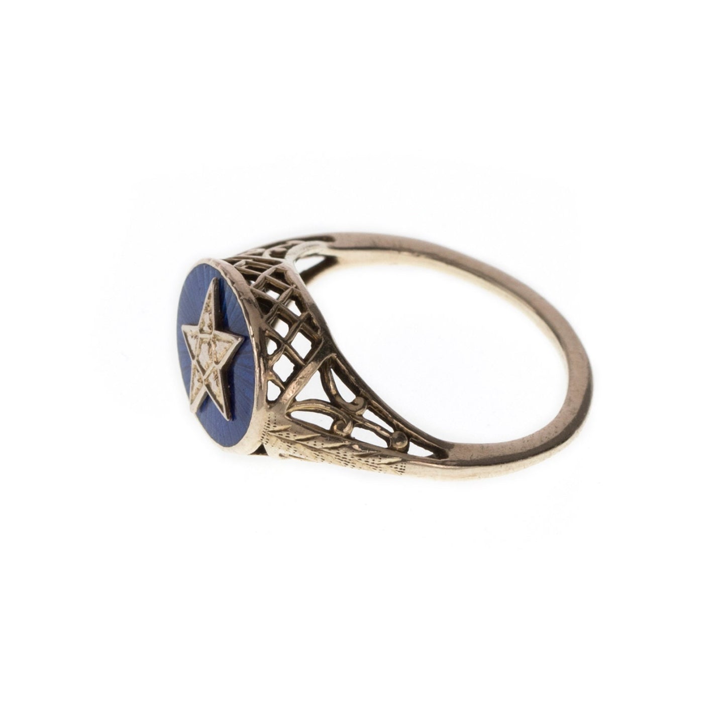 V I N T A G E // enameled sky / 14k art deco filigree / white gold with blue enamel / size 4.75