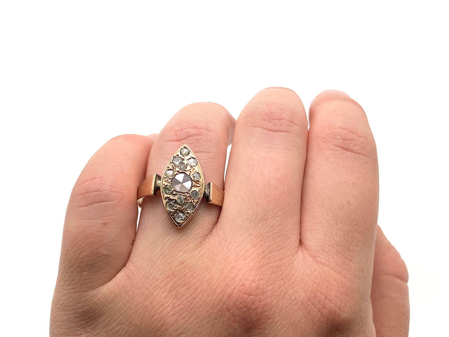 V I N T A G E // Victorian wonder / 10k yellow gold rose cut diamond navette / size 9