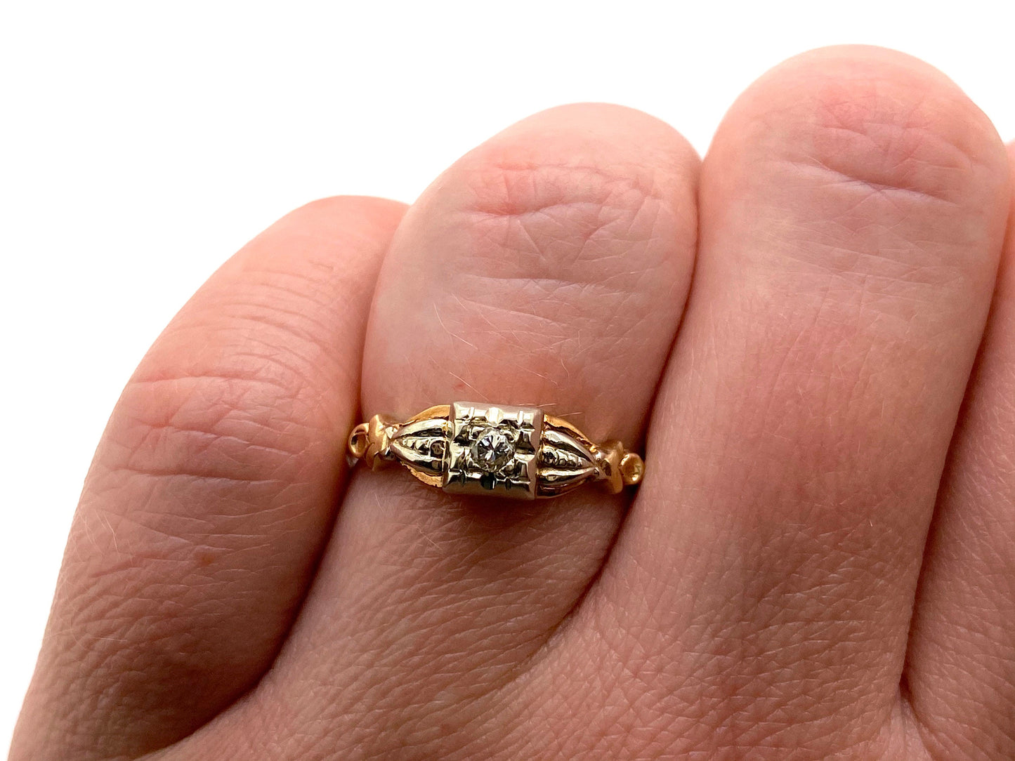 V I N T A G E // art deco solitaire / 14k yellow and white gold with a diamond / Art Deco / size 6.5