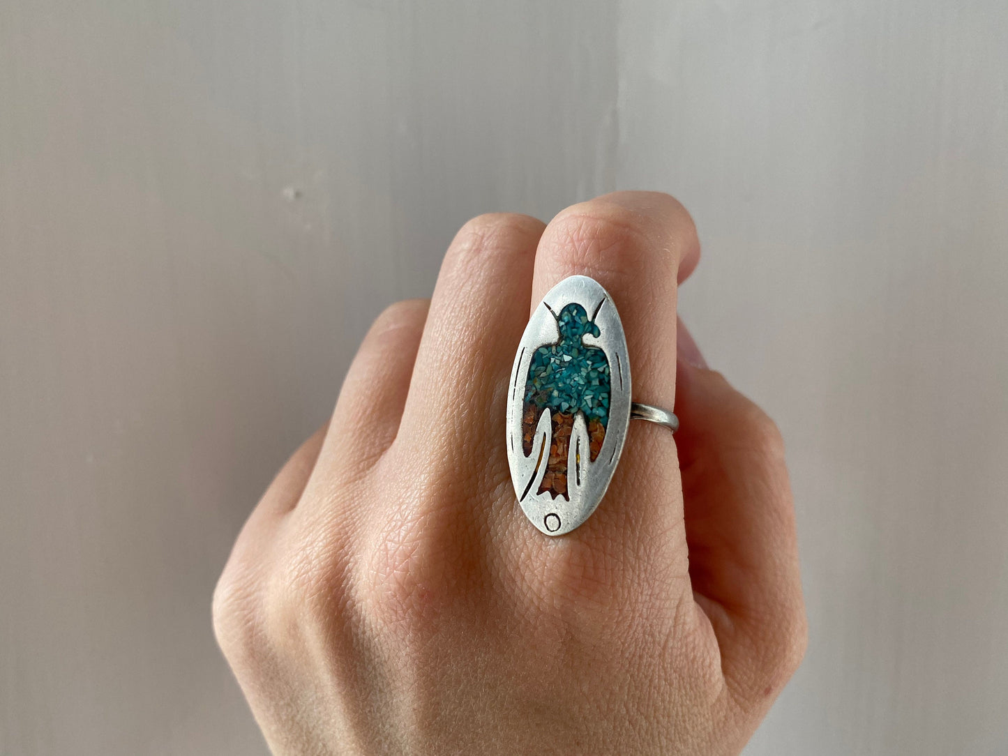 V I N T A G E // bird collage / sterling silver Southwestern inlay turquoise and coral thunderbird peyote ring / size 7.5 to 8