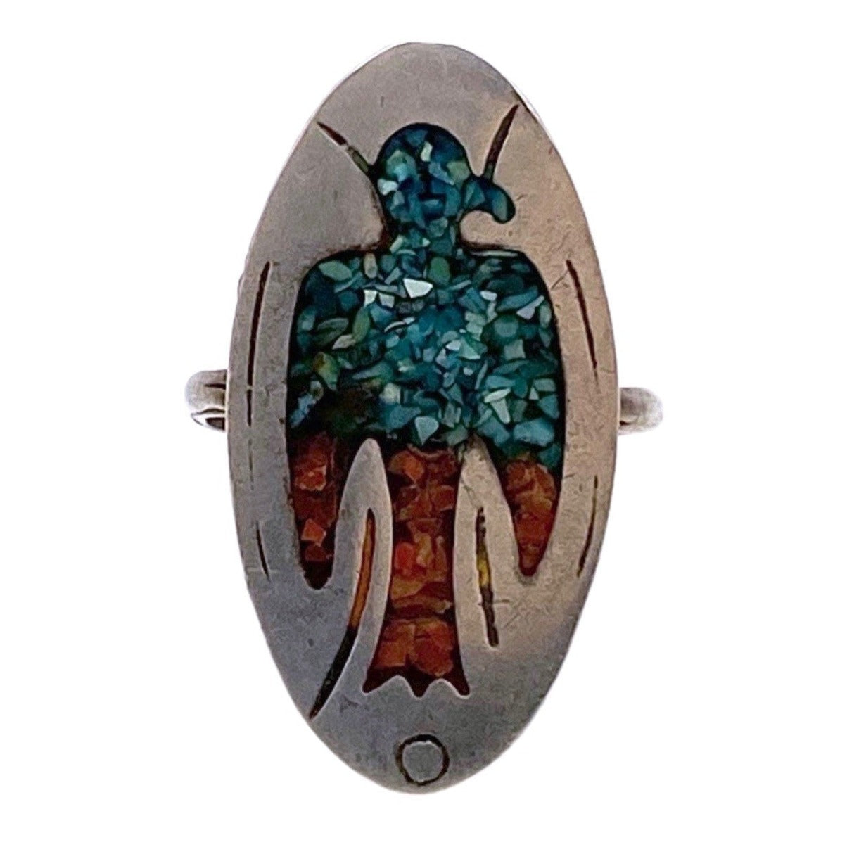 V I N T A G E // bird collage / sterling silver Southwestern inlay turquoise and coral thunderbird peyote ring / size 7.5 to 8