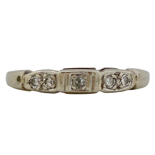 V I N T A G E // five stone fancy / 14k white gold with five diamonds / mid century wedding band / size 5.25