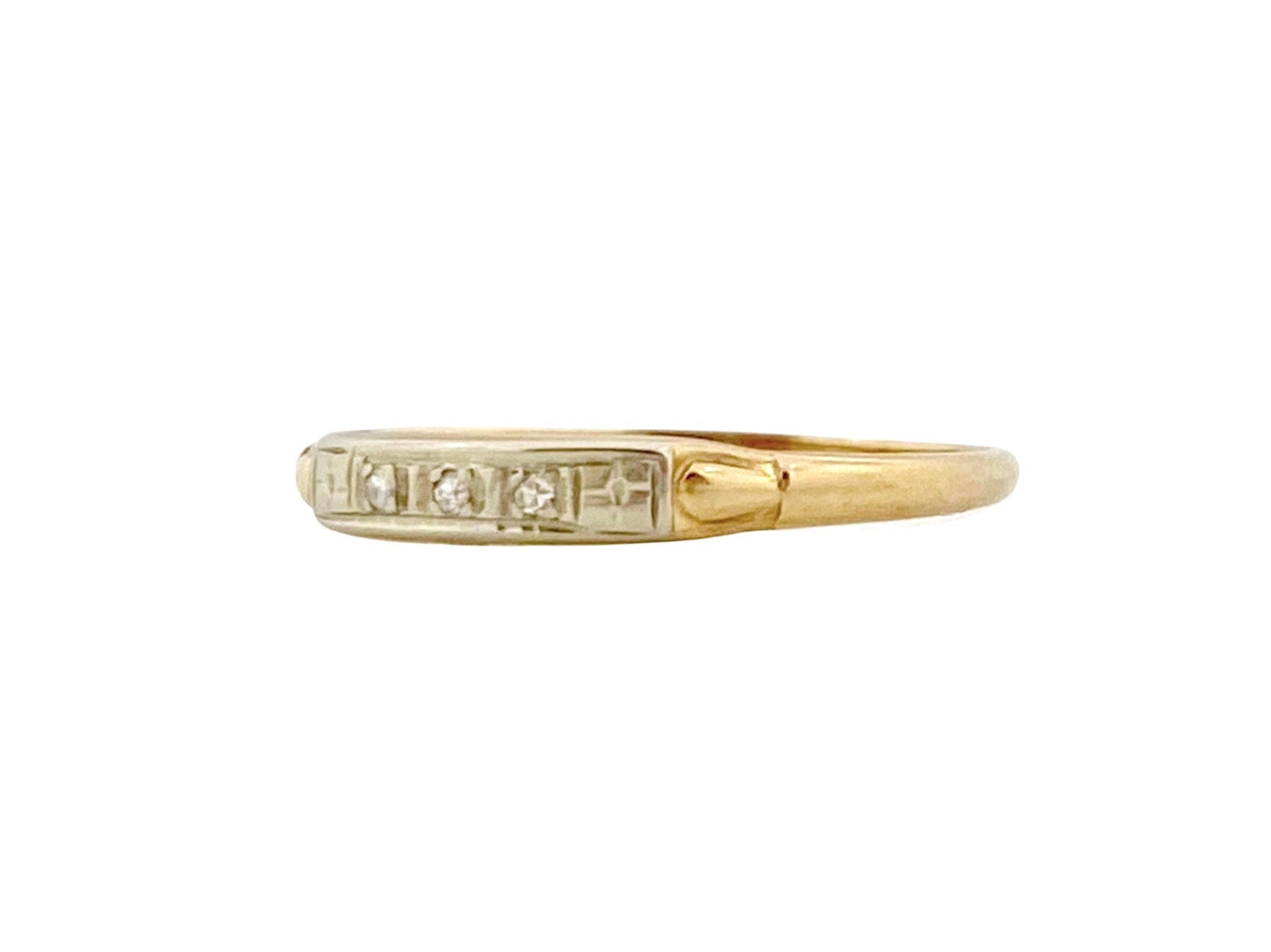 V I N T A G E // deco trilogy / mid century wedding band with three diamonds / 14k yellow and white gold / size 7 to 7.25