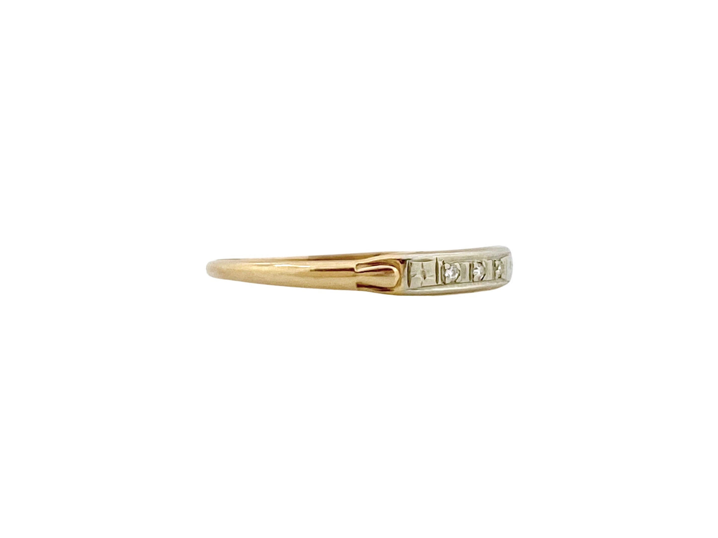 V I N T A G E // deco trilogy / mid century wedding band with three diamonds / 14k yellow and white gold / size 7 to 7.25