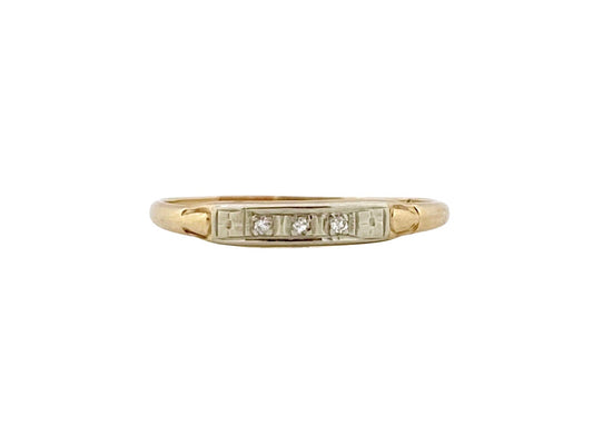 V I N T A G E // deco trilogy / mid century wedding band with three diamonds / 14k yellow and white gold / size 7 to 7.25