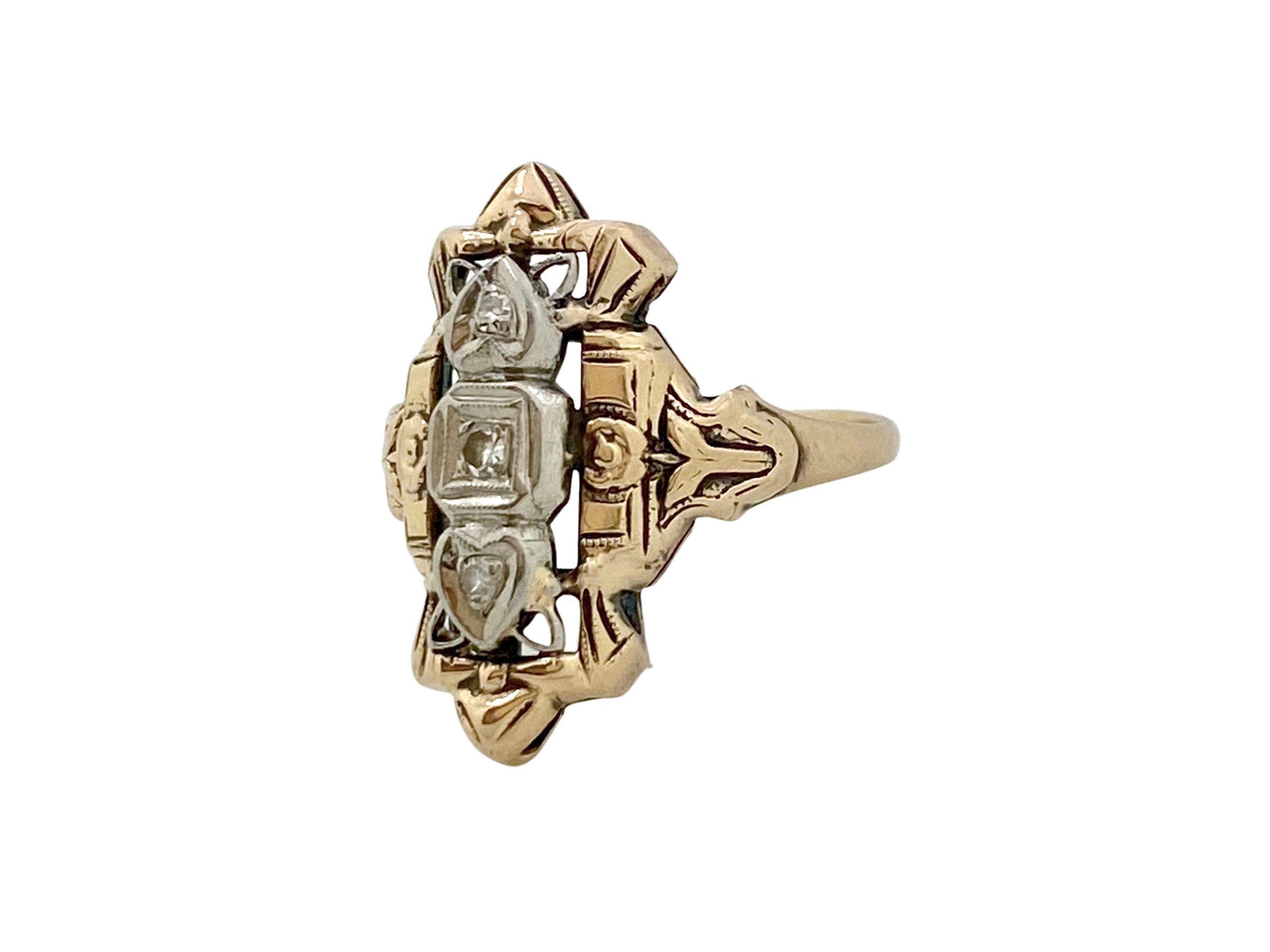 V I N T A G E // 14k art deco tulips and hearts / yellow and white gold shield ring with diamonds / size 5.75 to 6