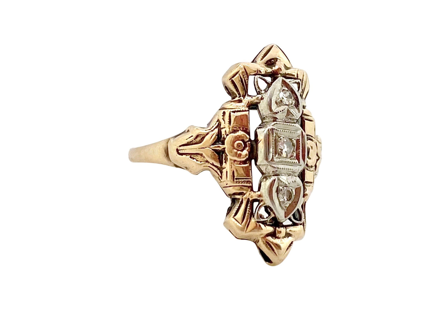 V I N T A G E // 14k art deco tulips and hearts / yellow and white gold shield ring with diamonds / size 5.75 to 6