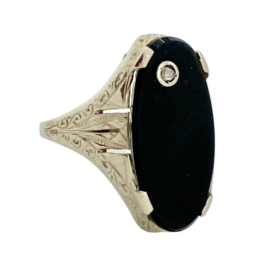 V I N T A G E // deco dinner / 14k white gold with onyx and a rose cut diamond / size 5.5