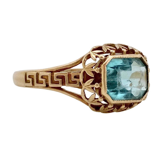 V I N T A G E // Greek Key tulips / 10k yellow floral filigree ring with emerald cut blue glass stone / art nouveau style / size 7.5