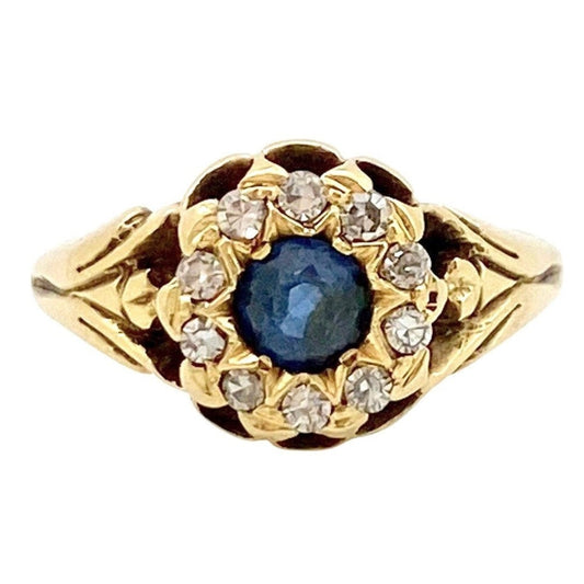 V I N T A G E // the bluest eye / 18k edwardian starburst floral cluster daisy ring with sapphire and diamonds / size 5.75