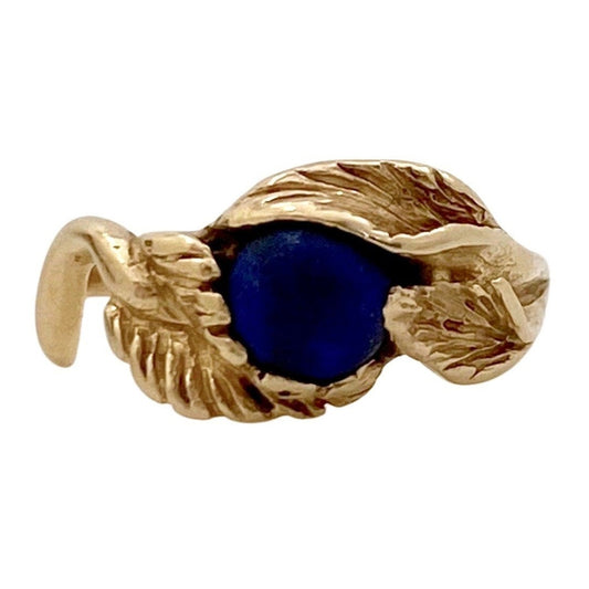 V I N T A G E // midnight bloom / 14k yellow gold leaf ring with round blue lapis / size almost 3.5